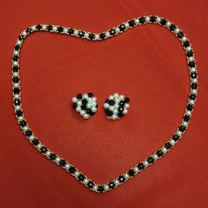 Vintage Black Beads and Faux Pearl Toggle Necklace Earrings Set